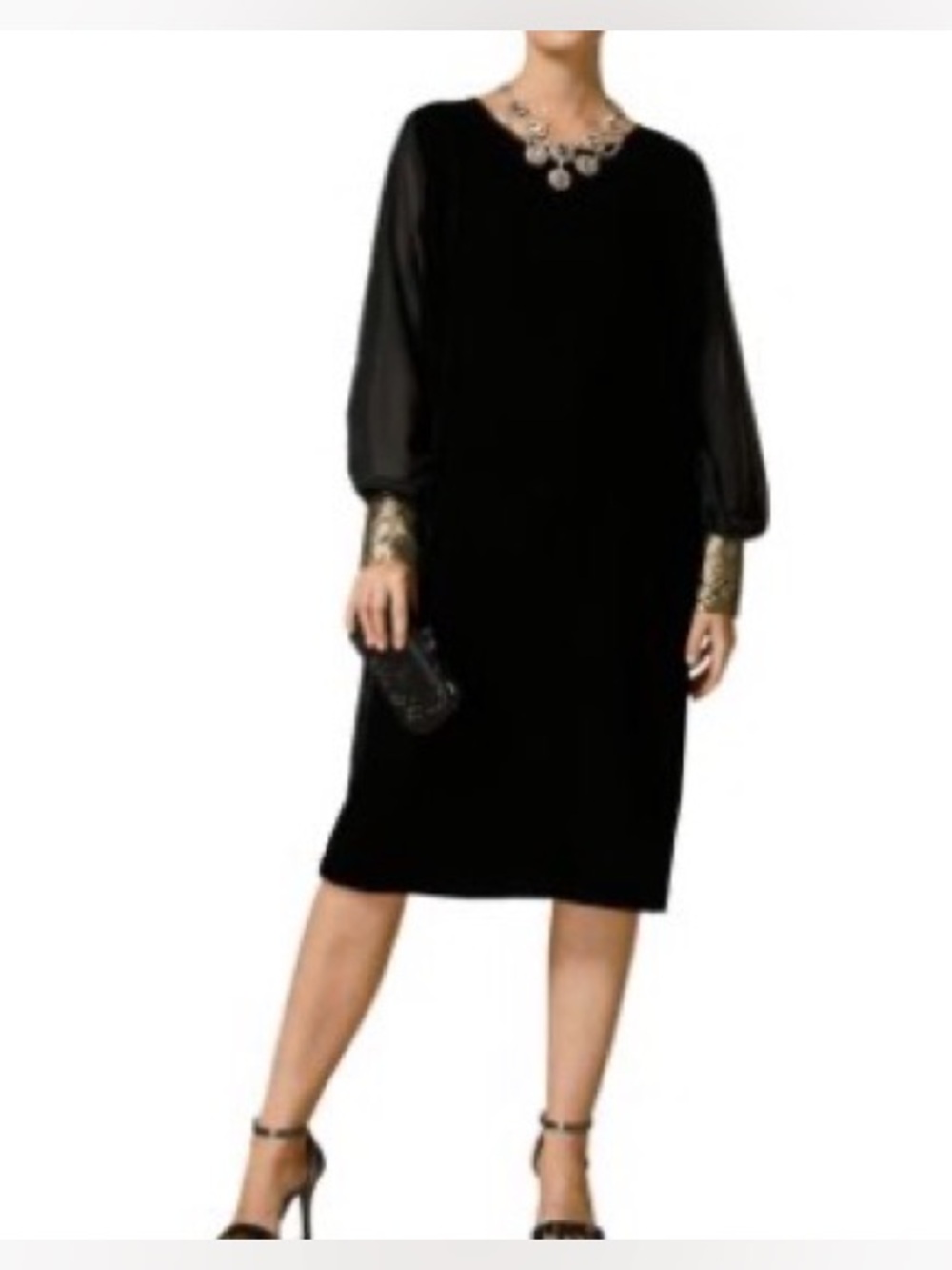 Marina Rinaldi Black Velvet Midi Dress Sheer Sleeves Brocade Jacquard Cuffs  18
